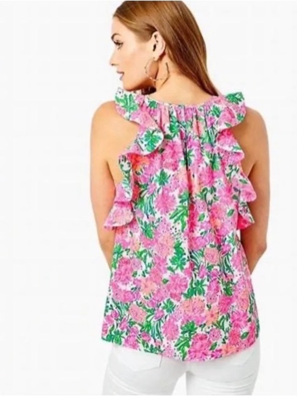Lilly Pulitzer Pink & Green Floral Ruffle Shell - Picture 2 of 6